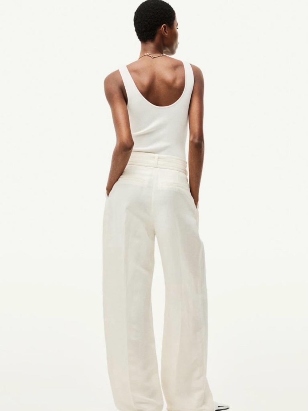 H&M Cream High-Waist Wide-Leg Linen Blend Belted Pants